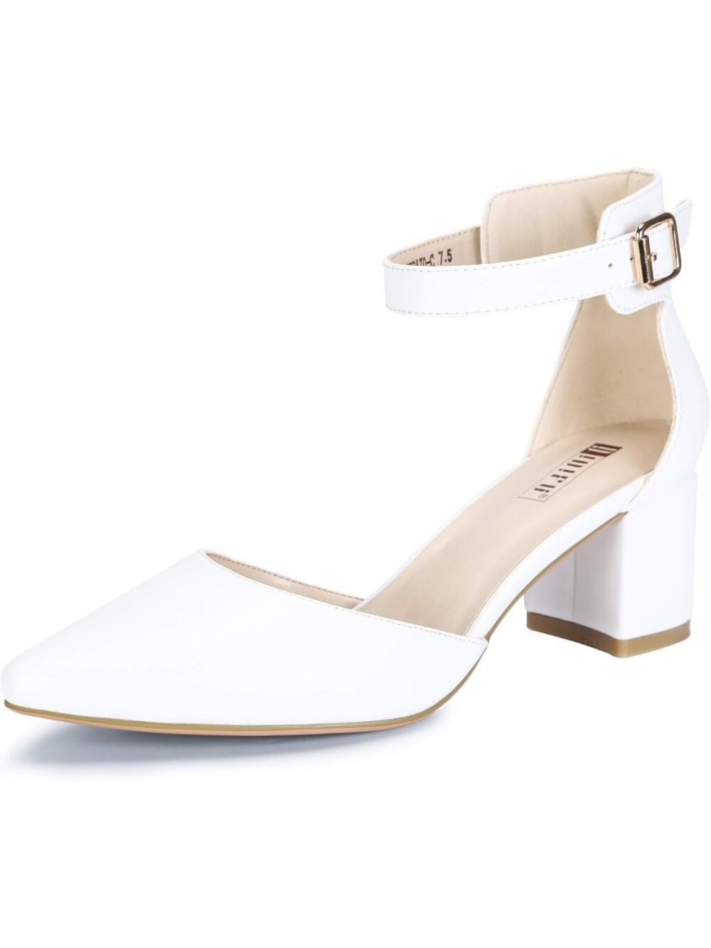 Women's White Pu Low Block Heels Pumps Chunky Closed Toe Ankle Strap Shoes